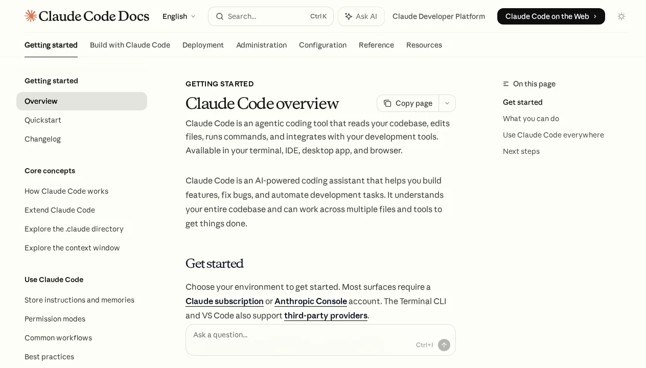 Claude Code documentation overview page showing sections for getting started, features, MCP integration, and agent teams
