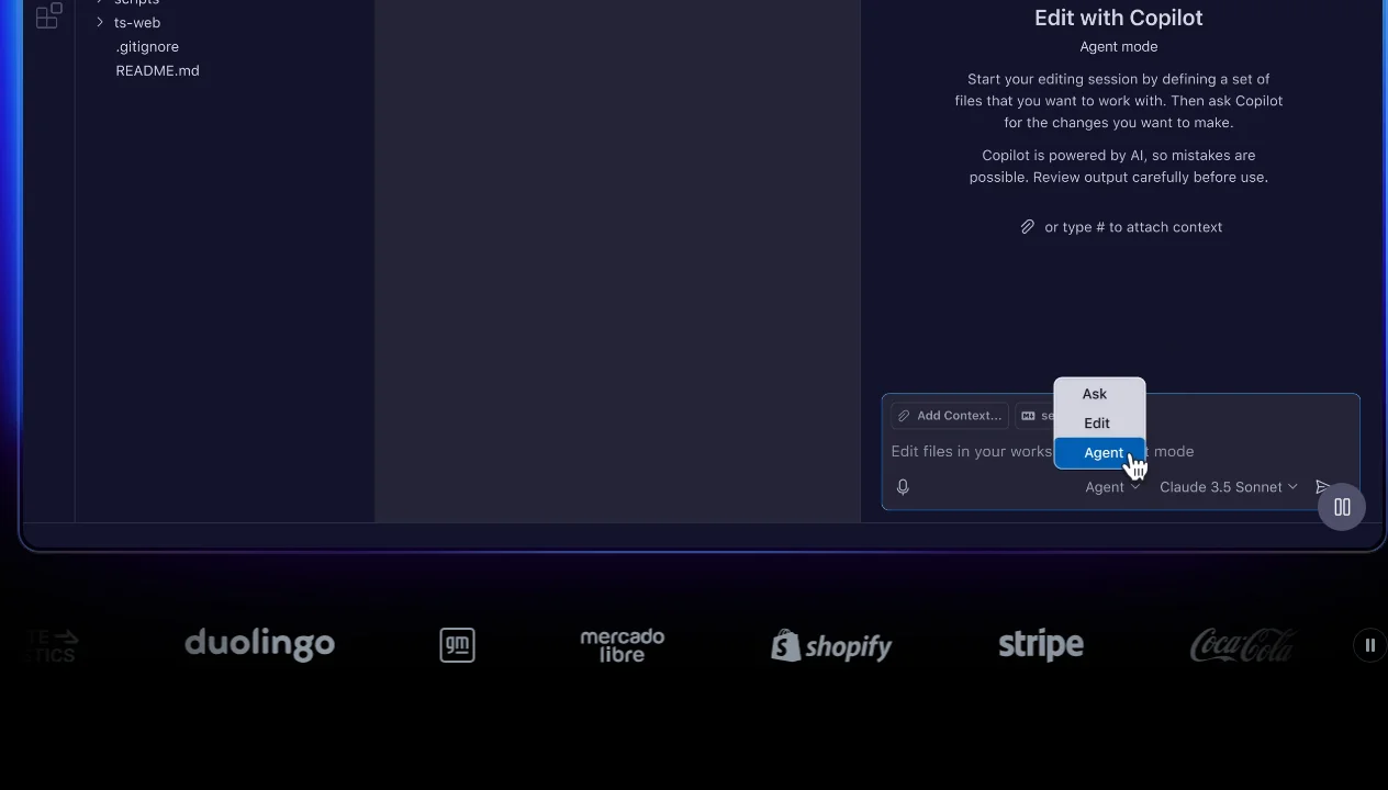 GitHub Copilot features page showing agent mode, multi-model selection, Copilot Workspace, and IDE integrations
