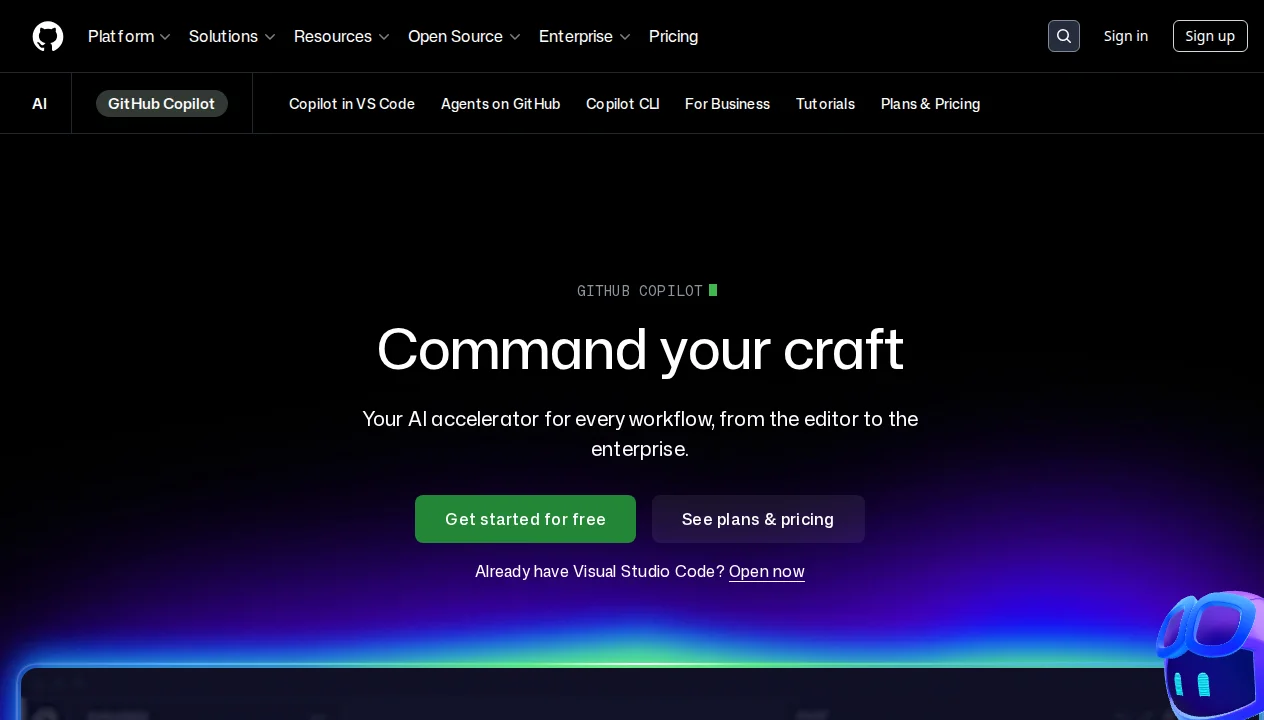 GitHub Copilot homepage showing 'Command your craft' hero section with multi-model AI coding assistant interface