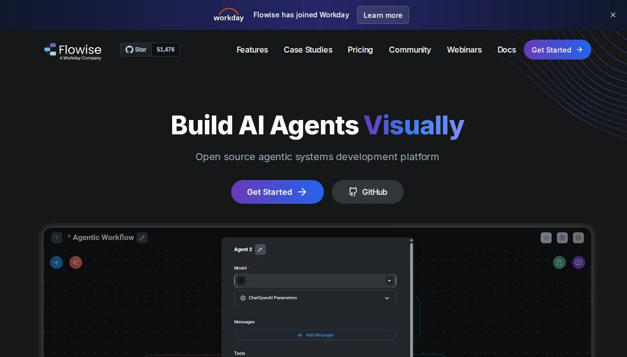 Flowise homepage showing the visual LLM workflow builder canvas with drag-and-drop nodes for building AI agents