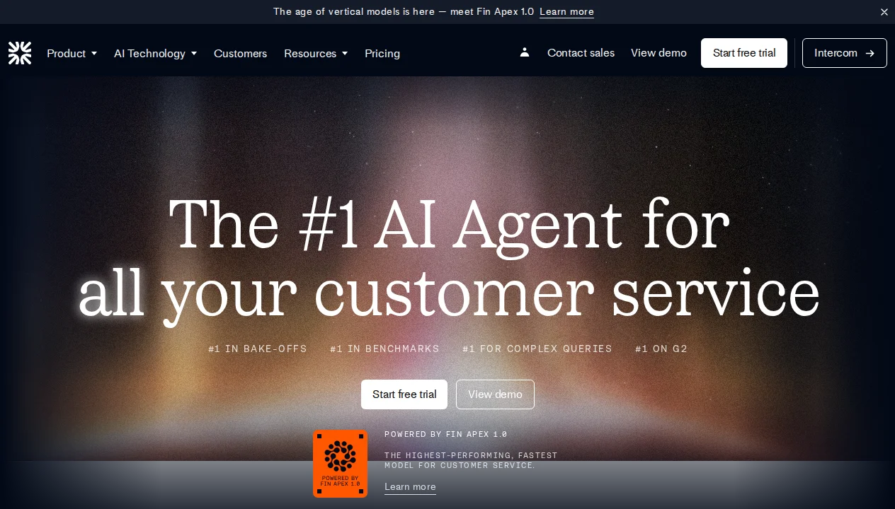 Intercom Fin AI customer service agent homepage showing outcome-based pricing, 67% average resolution rate, and omnichannel support including chat, email, WhatsApp, voice