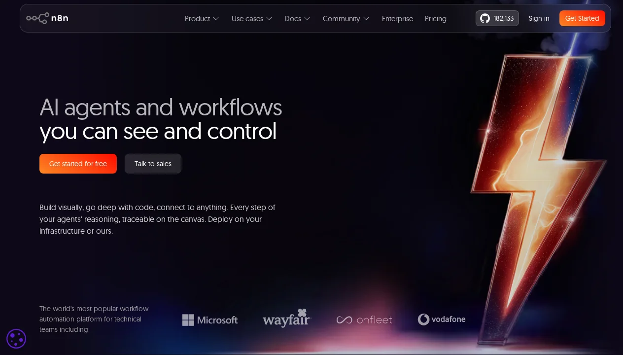 n8n workflow automation platform homepage showing visual workflow builder with AI agent nodes, LangChain integration, and 400+ service connections