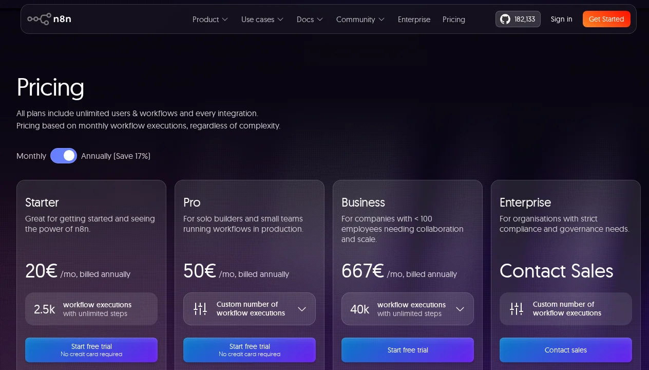 n8n pricing page showing cloud subscription tiers from Starter to Business and the self-hosted free option with unlimited executions