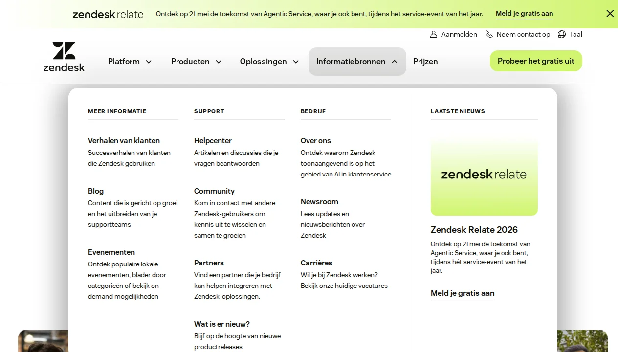 Zendesk AI homepage showing AI Agents with generative reasoning, hybrid flows, Advanced AI add-on features, and voice AI in early access